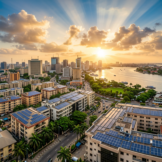 Solar panels on Nigerian rooftops at golden hour